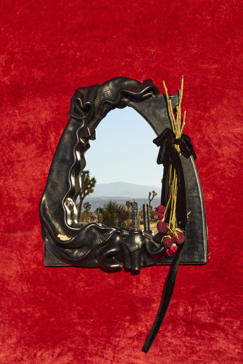 Leather art mirror featuring vanitas elements